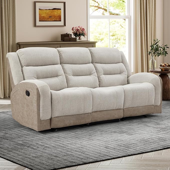 EBELLO 3-Seater Reclining Sofa Extra-Wide Manual Recliner with Padded Arms &amp Cushioned Seat Breathable Fabric and Faux Leather Design for Living Room or Home Theater Beige