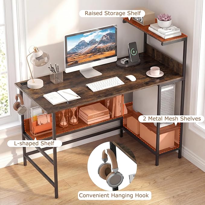 Giantex 48 Computer Desk with Charging Station Reversible Writing Desk with Storage Shelves &amp Headphone Hook Small Gaming Desk Industrial Computer Workstation for Home Office (Rustic Brown)