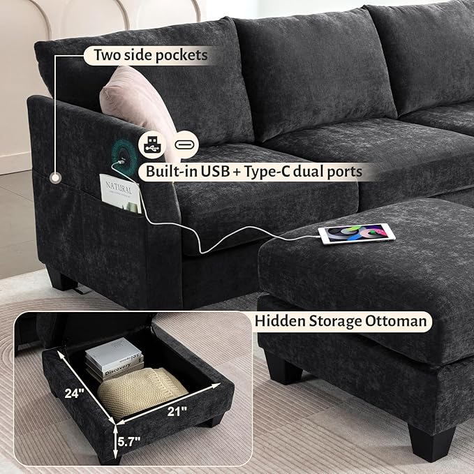 136.4 Modular Sectional Sofa U-Shaped 8 Seater Sectional Sofa with Storage Ottoman Linen L-Shaped Couch Large Cloud Couch with Cup Holders &amp USB for Living Room（Black
