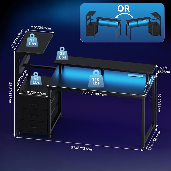 NEWBULIG Computer Gaming Desk with USB Charging Ports &amp LED Light 52inch Home Office Desk with Storage Shelves &amp Monitor Stand Work Study Corner Table with Drawer Carbon Fiber Black