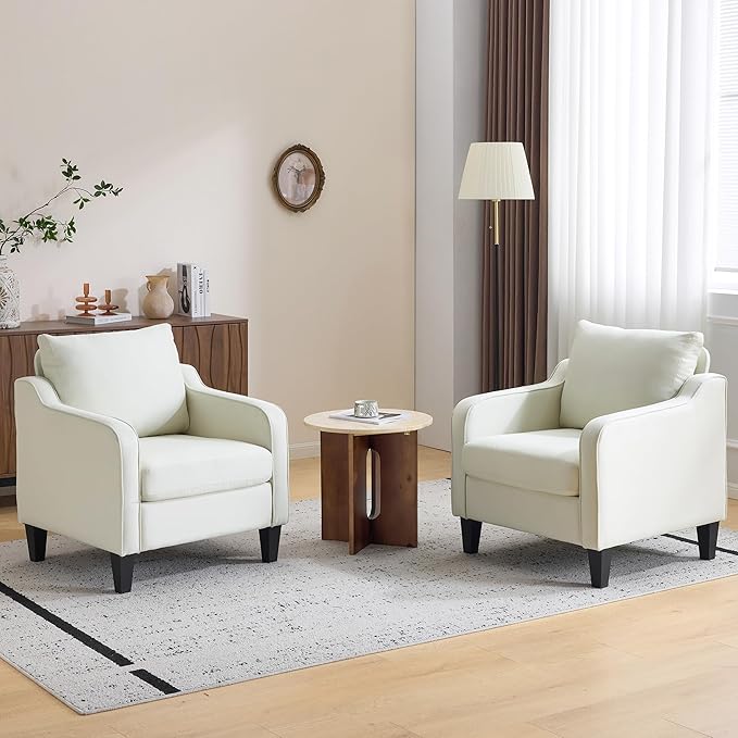 Accent Chair for Living Room Modern Linen Fabric Upholstered Armchair Comfy Reading Chair for Bedroom Mid Century Single Sofa Chair with Solid Wood Legs for Apartment Office Beige