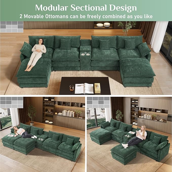 145 Oversized Modular Sectional Sofa U Shaped Cloud Couch Modern 6 Seat Sofa Set for Living Room Comfy Chenille Deep Seat with Storage Central Console Movable Ottomans Cup Holders USB Ports Green