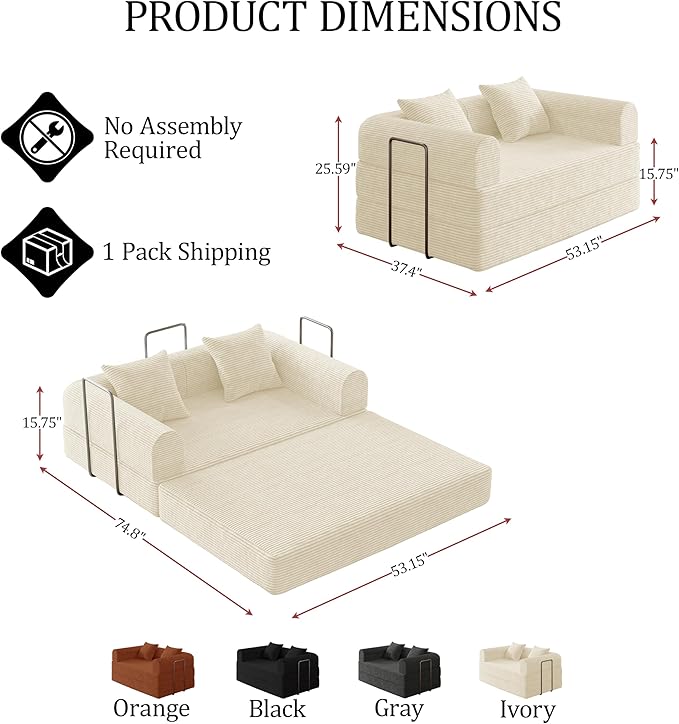 HouseMila 53.15 Convertible Sofa Bed4-in-1 Futon Sofa Bed Modular Loveseat Sleeper Folding Pull Out Couch with Pillows No Assembly Required Boneless Couch for Living Room Bedroom Guest RoomBeige