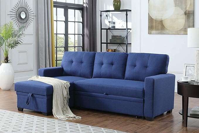 82 Convertible Sectional Sleeper Sofa with Storage Chaise L Shaped Pull Out Couch Bed with 3 Tufted Back Cushion for Living Room ApartmentOfficeBlue
