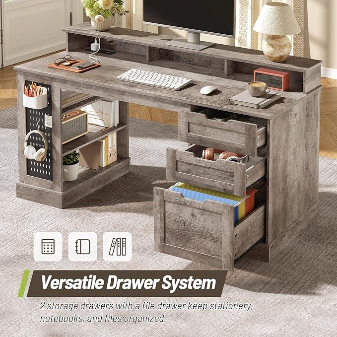 55-Inch Farmhouse Executive Desk with 2 Drawers and File Cabinet Computer Desk with 3-Tier Storage Shelves Home Office Desk with Charging Station Pegboard and Monitor Shelf Gray