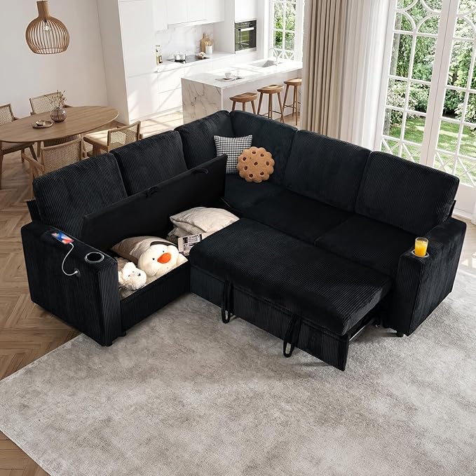 83 Sleeper Couch with Pull Out Sofa Bed 5-Seater Sectional Couches for Living Room L-Shaped Couch with Storage USB Port &amp Cup Holder Corduroy Convertible Corner Sofa for Apartment
