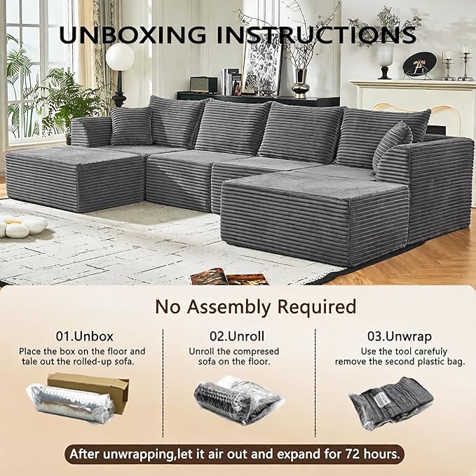 U Shaped Modular Sectional Couches for Living Room 130 Cloud Modular Sectional Sofa Chaise Fluffy Corduroy Couch with Deep Seat for Bedroom No Assembly RequiredBlack