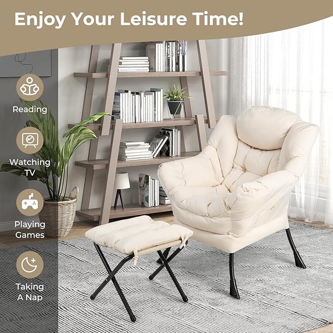 KOMFOTT Lazy Chair with Ottoman Set of 2 Leisure Upholstered Reading Sofa Chair with Armrests &amp Side Pocket Modern Lounge Accent Chair with Folding Footrest for Living Room Bedroom Balcony Be