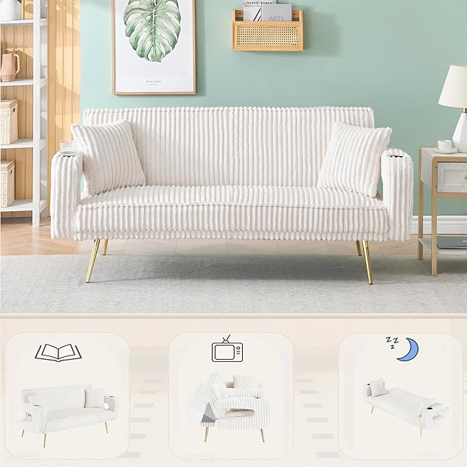 73 Convertible Futon Sofa BedComfy Teddy Fabric Sleeper Couch with 3 Reclining BackrestsGolden Chrome LegsModern Cloud Sofa Loveseat for Small Living Room Office (Beige)