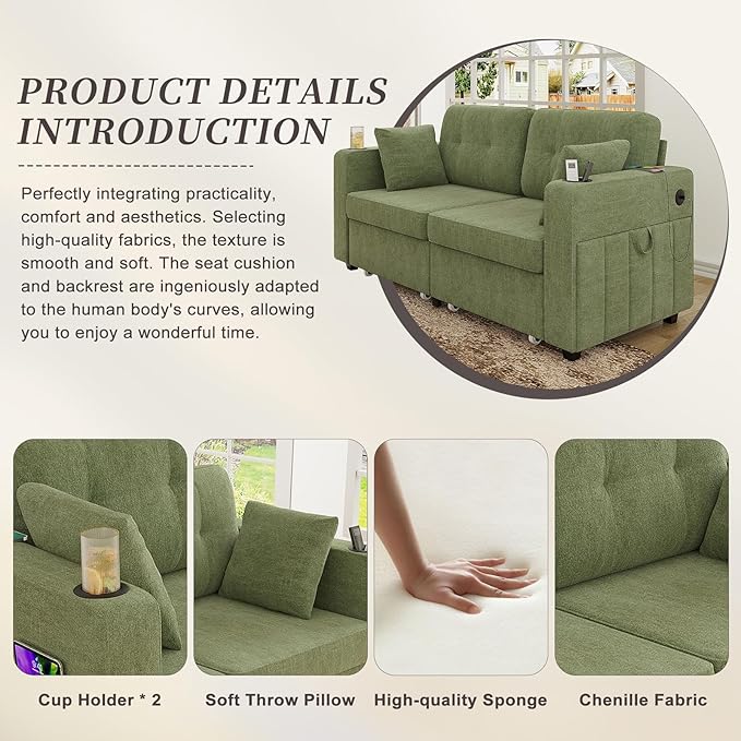 67 Small Loveseat Couch with Storage USB Charging and Cup Holder Space Saving Furniture Modern Chenille Love Seat Sofa Small Couches for Small Spaces Bedroom Apartment Olive Green