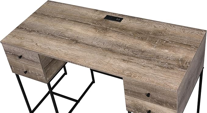 Rustic Oak &amp Black Writing Desk with USB Port - Modern Home Office Design