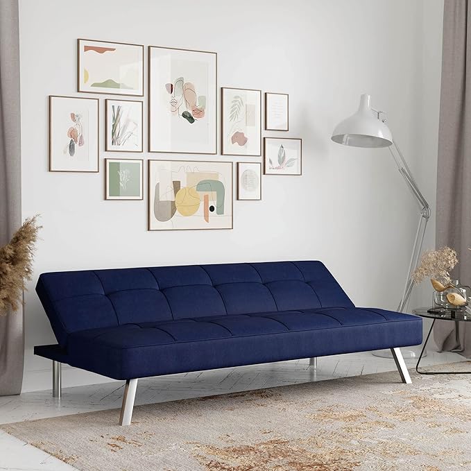 Serta® Rane 66.1 Convertible Futon Sofa Short Twin Size Modern Transitional Tufted Back and Seat Cushion Dream Coil® Comfort Fingerguard® Pinch Point Protection Woven Fabric Navy Blue