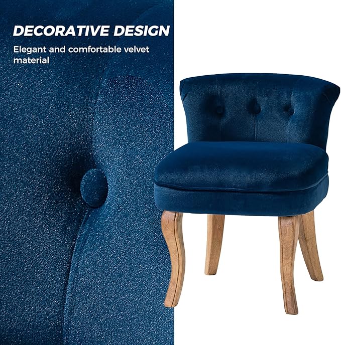 HULALA HOME Velvet Vanity Stool with Low Back Modern Vanity Chair with Solid Wood Legs Small Upholstered Makeup Chair Home Decor for Bedroom Living Room Dressing Table Women Girls Navy