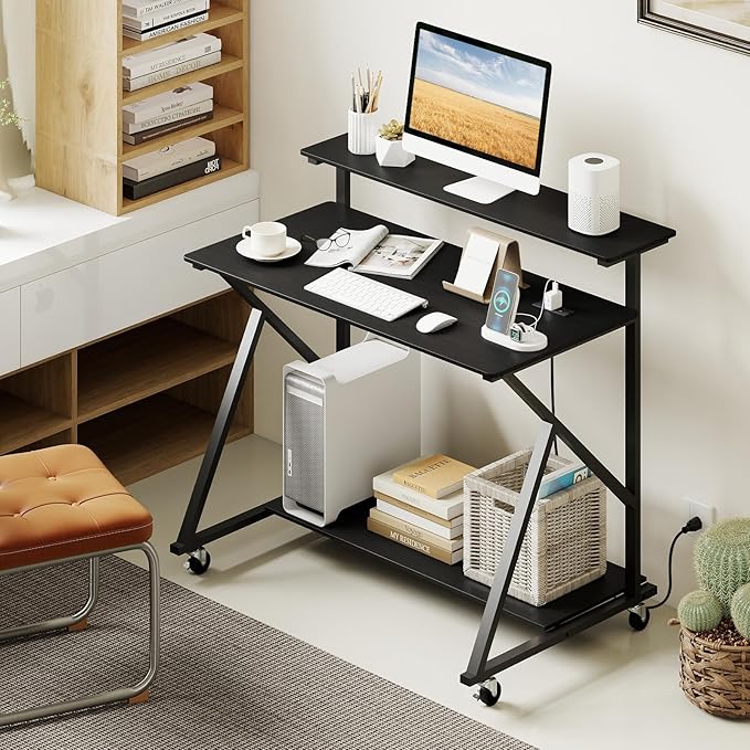 Tangkula 39.5 Mobile Computer Desk with Power Outlets Rolling Laptop Workstation with Monitor Stand &amp Storage Shelf Gaming Writing Desk with Lockable Wheels for Home Office Bedroom (Black)