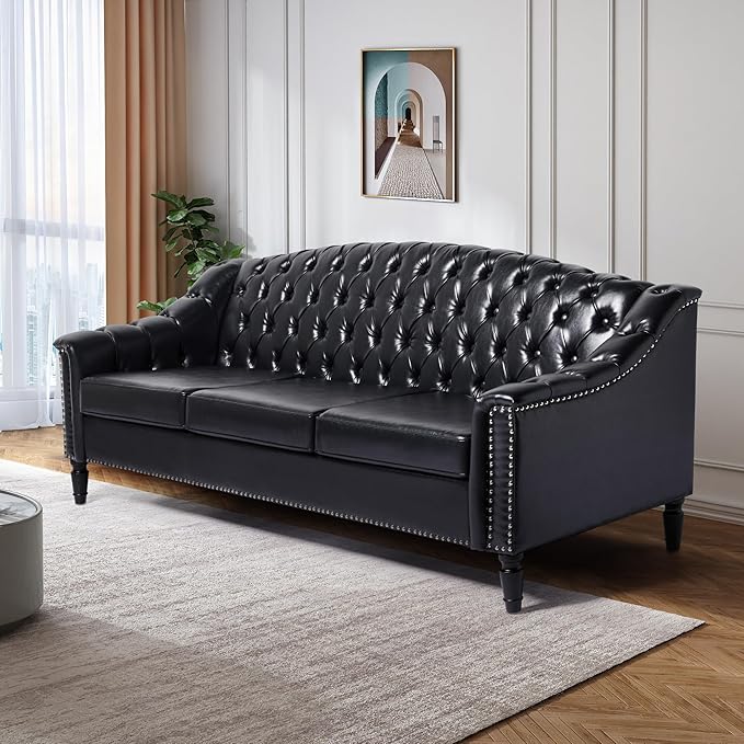 AVZEAR 3 Seater Large Sofa Chesterfield Sofa Set 80 Mid-Century Modern PU Sofa Upholstered Couch with Nailhead Trim and Button Tufted for Living Room Office Bedroom Black
