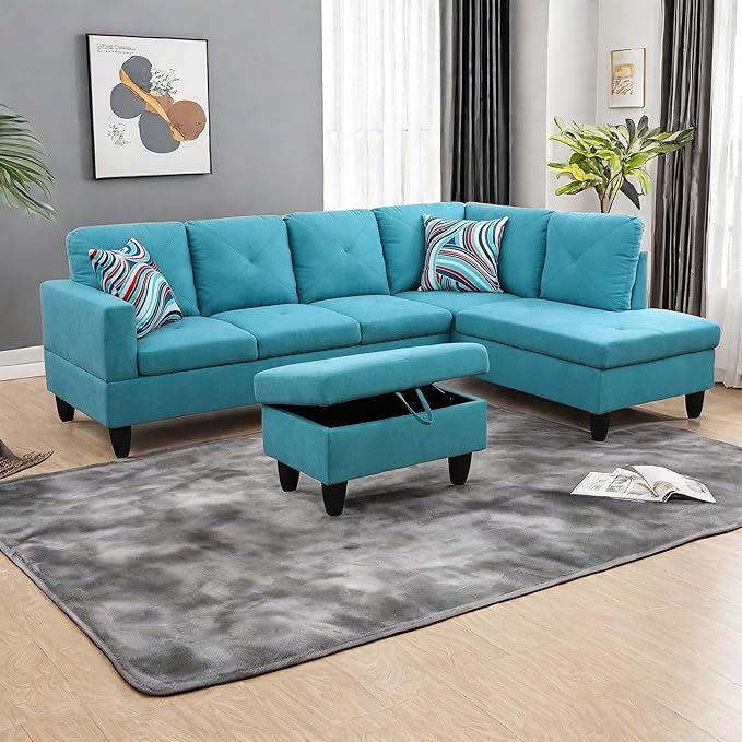 L Shaped Sectional Couches Modern Convertible Lounge Sofa with Ottoman Storage Comfy Modular Sectional Sofa for Living Room Furniture Sets Small Spaces Bedroom Blue