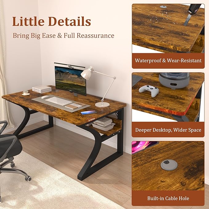 StarGraph Computer Desk 55'' Large Home Office Desk with Sturdy Metal Frame U Shaped Modern Computer Desks with Storage Study Writing Office Work from Home Desks (Rustic Brown 55 inch)