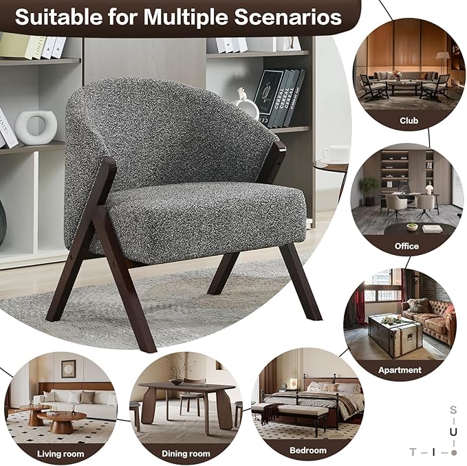 TrailBlaze Comfortable Mid-Century Modern Accent Chair for Living Room – Upholstered Reading Armchair with Sturdy Wood Frame Linen Fabric Easy Assembly – Deep Walnut Foot | Linen | Gray