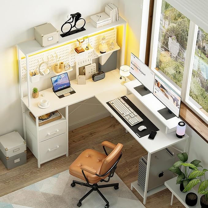 Yoobure L Shaped Gaming Desk with Pegboard Reversible Computer Desk with Drawers &amp Storage Shelves LED Lights &amp Power Outlets Office Desk with Monitor Stand Corner Desk Home Office Desks