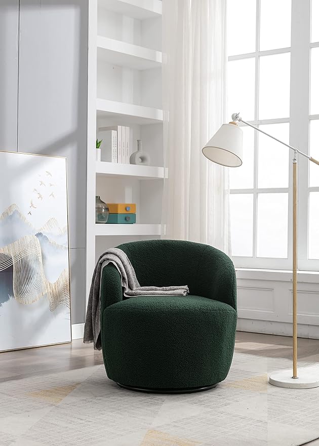 kevinplus Swivel Barrel Chair Accent Armchair for Living Room Bedroom 360 Degree Modern Round Upholstered Single Sofa Couch Chair Cozy Small Swivel Chair for Apartment Teddy Fabric Dark Green