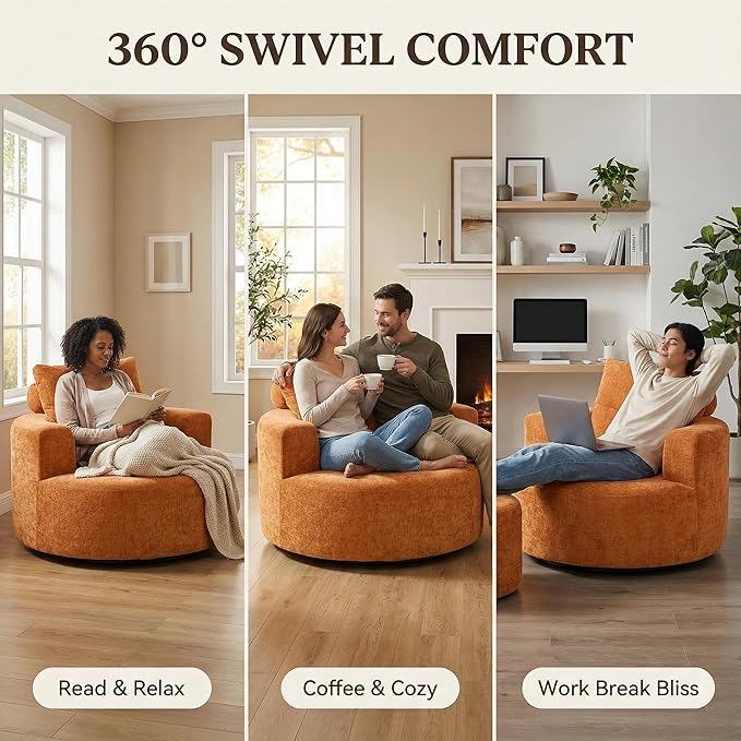 Furnimart 40 Oversized Barrel Accent Chair Set of 2 360° Swivel Round Upholstered Sofa Chenille High-Resilience Sponge No Assembly Wide Seat for Living Room Bedroom Apartment (Orange)