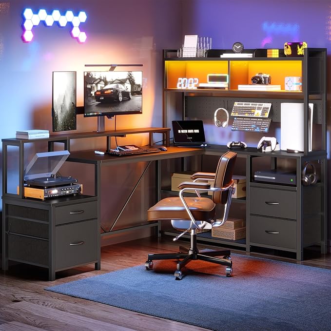 75inch L Shaped Computer Desk with Drawers Large Gaming Desk with LED Light &amp Power Outlets Corner Computer Desk with Storage Shelves &amp Monitor Stand for Home Office Black