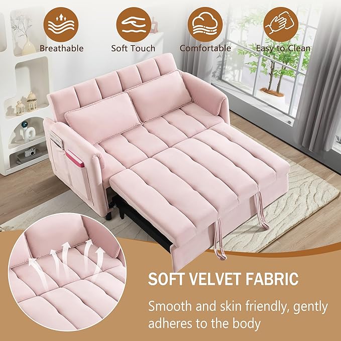 3 in 1 Convertible Sleeper Sofa Bed Modern Velvet Loveseat Pull-Out Couch Futon Love Seat Lounge Sofa with Pull-Out Bed &amp Adjustable Backrest and Side Pocket for Small Apartment Bedroom