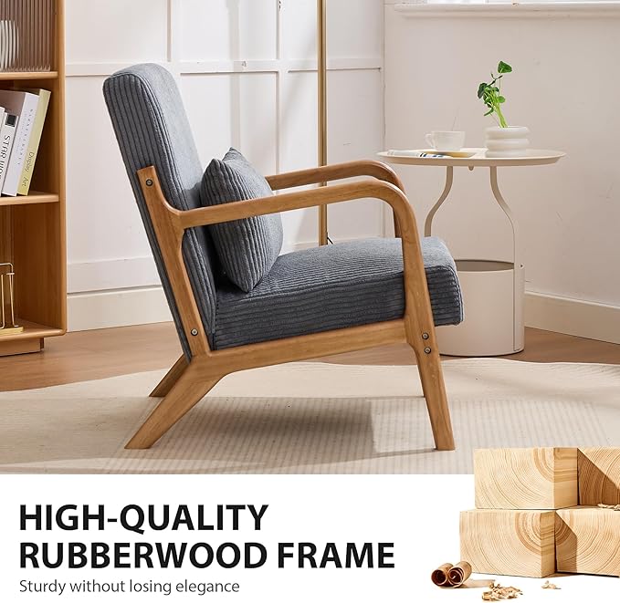 Mid-Century Modern Accent Chair Arm Chair Living Room Chairs with Pillow Upholstered Reading Chair with Solid Wood Frame &amp Corduroy Fabrics for Living Room Bedroom Balcony (Corduroy Dark Grey)