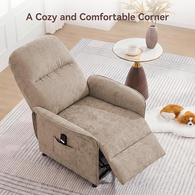 Power Recliner Chair for Adults Modern Reclining Single Sofa with Curved Armrest Comfy Ergonomics Electric Recliner with Side Pockets Adjustable Reading Chair for Living Room Bedroom Chenille Tan