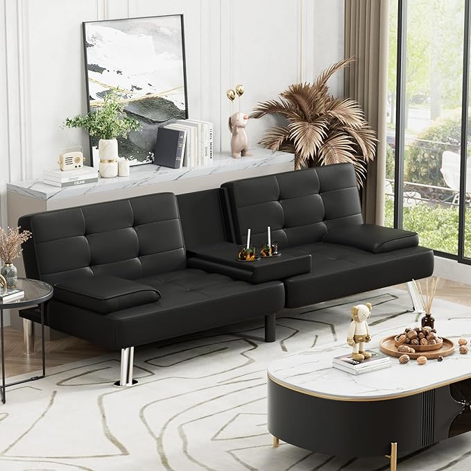 Homall Futon Sofa Bed Leather Futon Couch with Removable Armrests Adjustable Recliner Sleeper Sofa Bed with Dual Cup Holders for Living Room Apartment Office (Black)