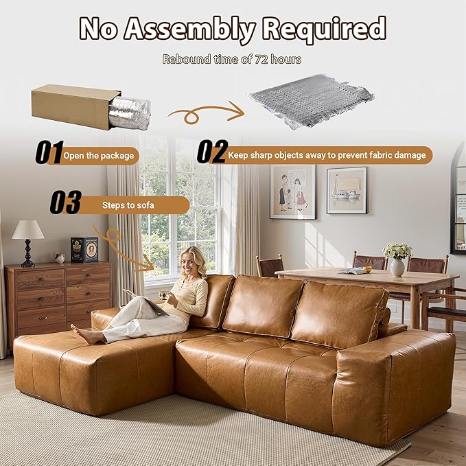 114 in Faux Leather Modern Modular Sectional Sofa - Boneless L-Shaped Couch with Chaise Sectional Couches for Living Room with Deep Seat No Assembly Required Sofa (Brown Right Chaise Sofa)