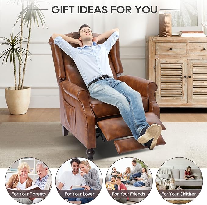 Wingback Recliner Chair with Massage and Heat Tufted Back PU Leather Living Room Armchair with Nailhead TrimPush Back Recliner Chair with Remote ControlPadded Cushion (Tawny Brown)