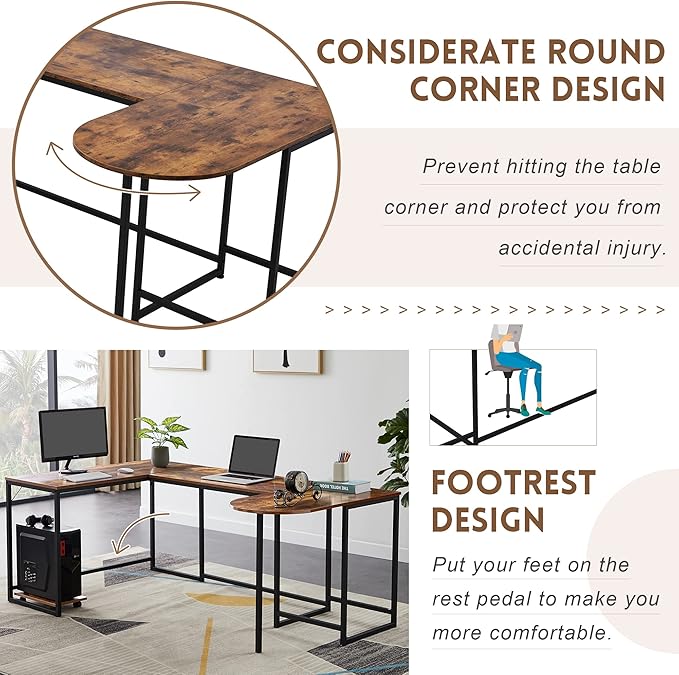 U-Shaped Computer Desk Industrial Corner Writing Desk with CPU Stand Gaming Table Workstation Desk for Home Office (Brown) (Old SKU: WF198675AAT)