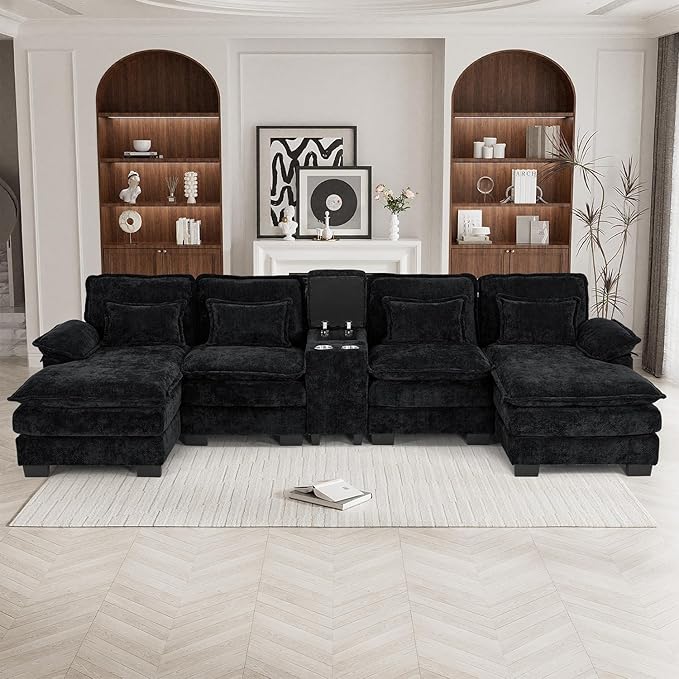 133 Oversized U Shaped Cloud Couch Modular Sectional Couches for Living Room Comfy Chenille Deep Seat Sofa Set with Double Chaise Lounge Storage Central Console Cup Holders USB Port Dark Black