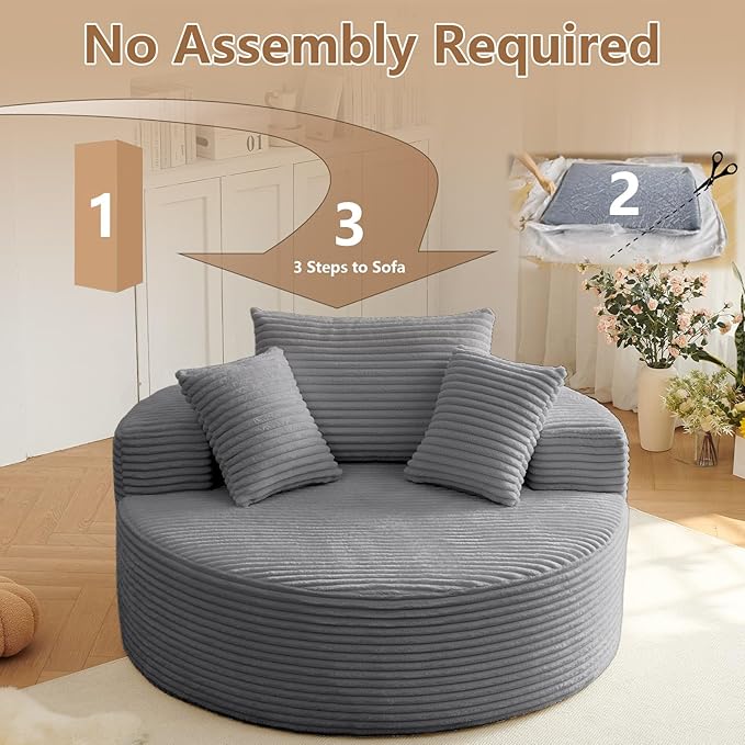 Oversized Round Chair Lounge Chaise Indoor Upholstered Corduroy Deep Seat Cloud Large Circle Sofa Chair No Assembly Required Fluffy Modern Sleeper Sofa Bed for Reading Living Room Dark Gray