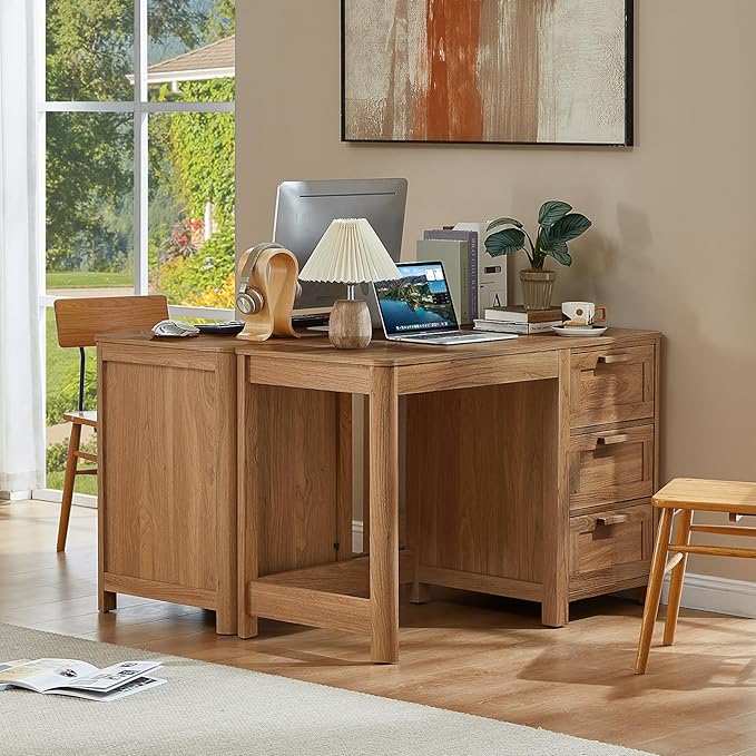 Office Desk 48 with 3 Drawers Storage File Cabinet Wood Farmhouse Desk for Computer Office Bedroom Home Furniture Brown