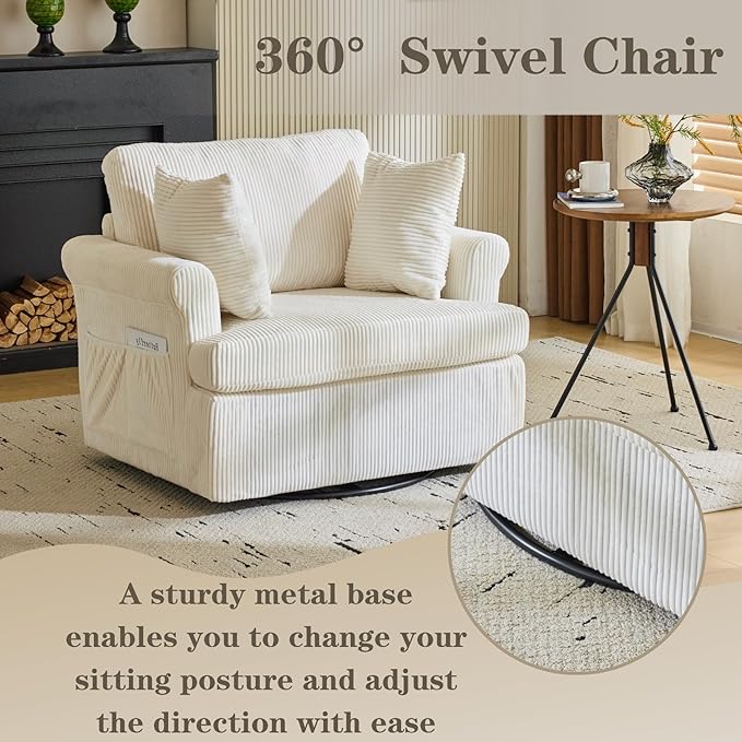 39 Oversized Armchair360°Swivel Accent ChairComfy Upholstered Corduroy Chairs W/2 Pillows and 2 Side PocketsModern Side Reading Seat for Living RoomBedroom and Office (Beige)