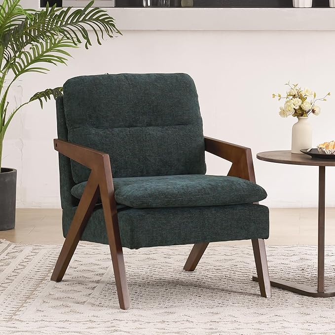 Mid-Century Modern Accent Chair with Solid Wood FrameTufted Upholstered Chenille Living Room Arm Chairs with Thick Cushion for Bedroom Living Room Reading RoomBalconyGreen