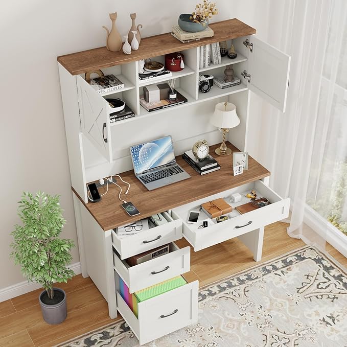 Farmhouse 67 H Executive Desk with HutchOffice Table with 4 Drawers and LED light Computer Desk with Storage Cabinet &amp File Drawers and Charging Station Wood Workstation for Home Office and St