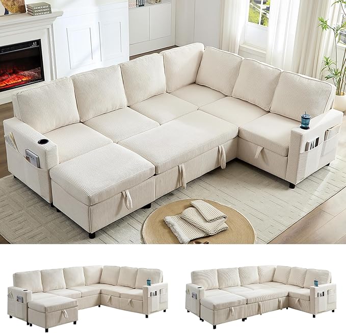 PUREMIND 100 Sectional Sleeper Sofa with Pull Out Bed U Shaped Modular Sectional Sofa with Storage Chaise Corduroy Cloud Sofa Bed with Cup Holders for Living Room Bedroom Apartment Beige
