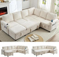 PUREMIND 100 Sectional Sleeper Sofa with Pull Out Bed U Shaped Modular Sectional Sofa with Storage Chaise Corduroy Cloud Sofa Bed with Cup Holders for Living Room Bedroom Apartment Beige