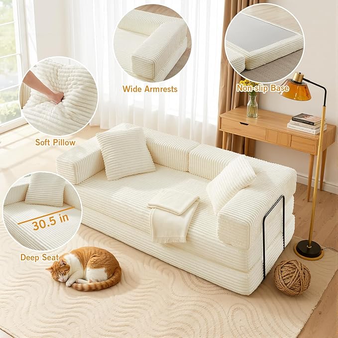 81'' Futon Sofa Bed Folding Floor Couch Bed Corduroy Fabric Boneless Couch Compressed Boneless Sofa in a Box Comfy Sleeper for Living Room-Beige