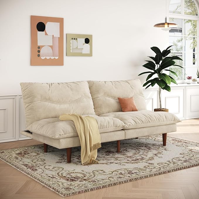 LLappuil Futon Sofa Bed 69 inch Futon Couch with Adjustable Backrest Corduroy Convertible Sleeper Sofa Bed Folding Sleeper Recliner Loveseat for Apartment Living Room Office (Beige)