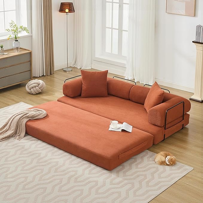 79 Inch Convertible Sleeper Sofa Bed 5 in-1 Boneless Floor Couch Bed with Fixed-Shape Frame Modular Floor Sofa Futon Couch for Living Room RV Studio Bedroom Small Spaces Orange