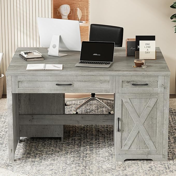 Vabches Farmhouse 51 Executive DeskComputer Desk with Drawers and Storage Cabinet Workspace for Home Office and Study.Grey