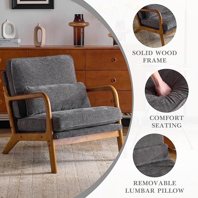 Karl home Mid Century Modern Accent Chair with Lumbar Pillow &amp Oak Arms – Plush Chenille Living Room Chair for Bedroom Lounge (Gray)
