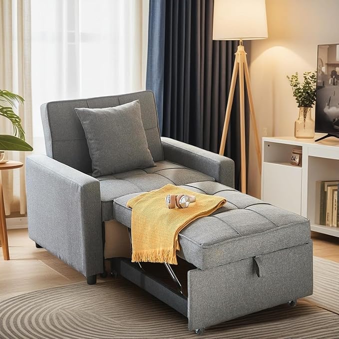 3-in-1 Convertible Sleeper Chair Pullout Chair with Extra Pillow Recliner Sofa Bed with 4 Adjustable Angles Convertible Lazy Sofa Bed for Small Spaces Home Office Light Gray