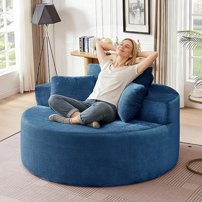 Modern Round Accent Sofa Chair for Living Room Upholstered Soft Terrycloth Barrel Lounge Arm Chair with Large seat&ampThrow Pillows for Bedroom Office Apartment Blue