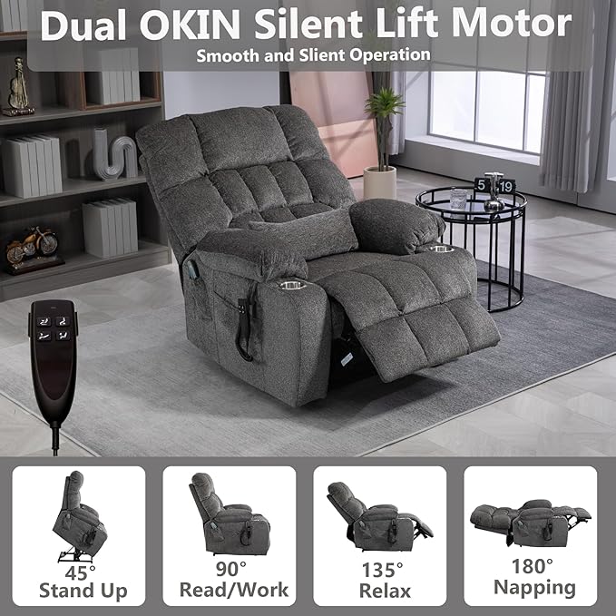 Oversized Power Lift Recliner Chair for Adult Elderly Dual Motor Lay Flat Electric Recliner with Massage &amp Heat 25.5 Wide Seat Big Tall Recliners for Living Room Bedroom Grey