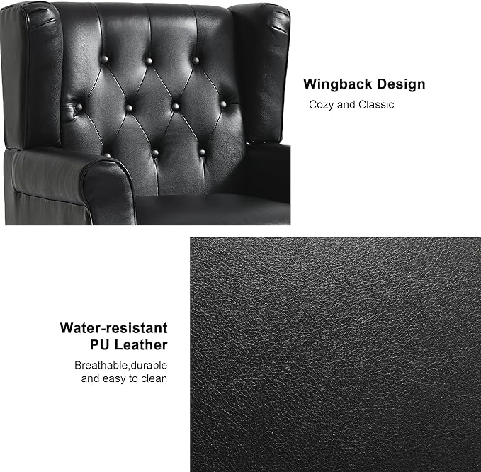 Accent Chair Upholstered Armchair with Button Tufted High Back &amp Solid Wood Legs Comfy Wingback Reading Single Sofa Chair for Small Spaces Living Room Bedroom - Leather Black Set of 1